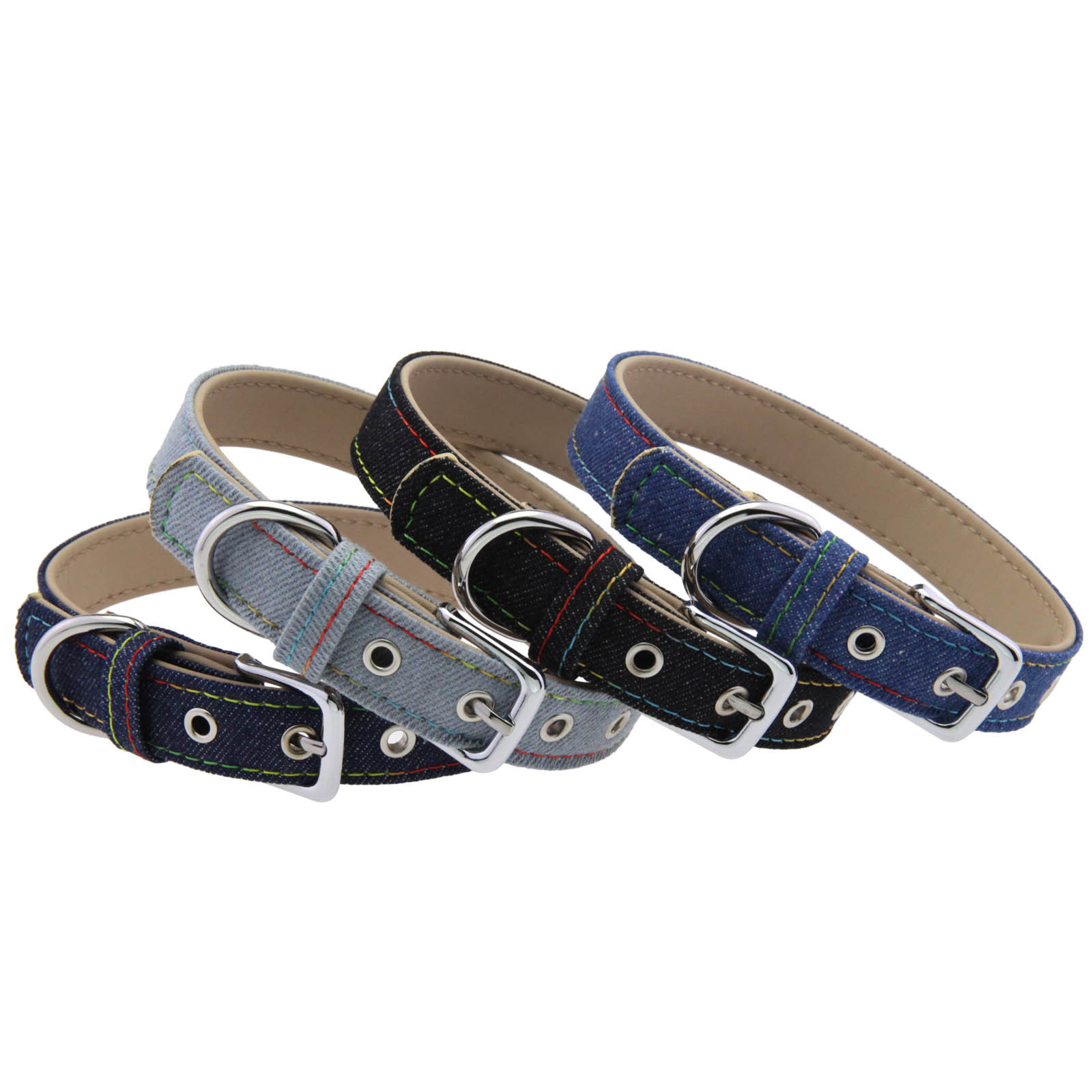 デニム風革製犬首輪カジュアルステッチデザイン