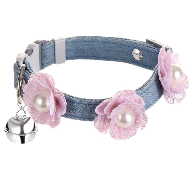 犬首輪 花飾りと鈴付き可愛らしい犬首輪リードセット