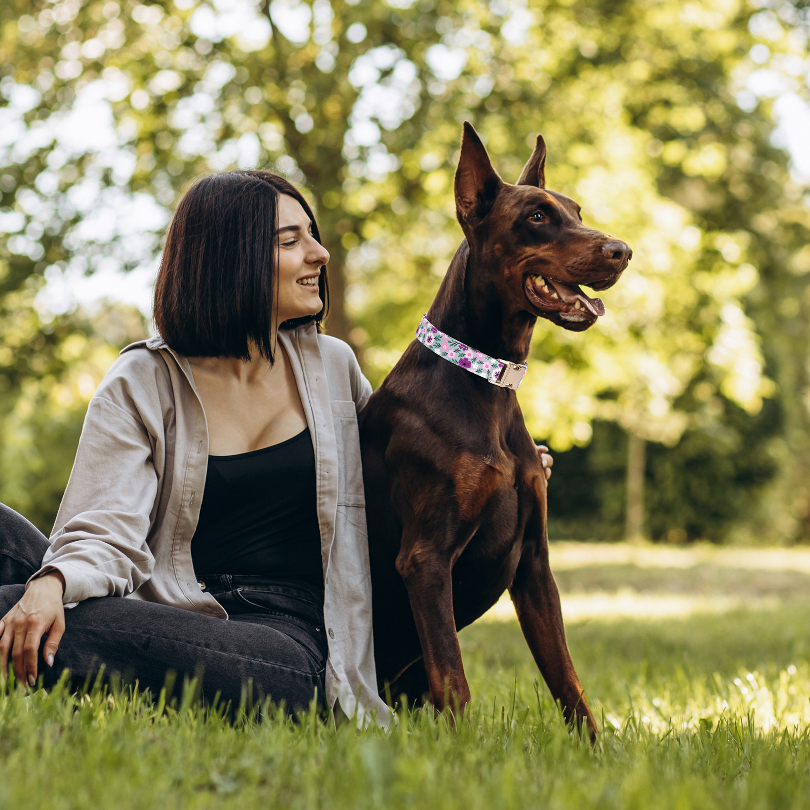 花柄布製軽い犬首輪ワンタッチ式
