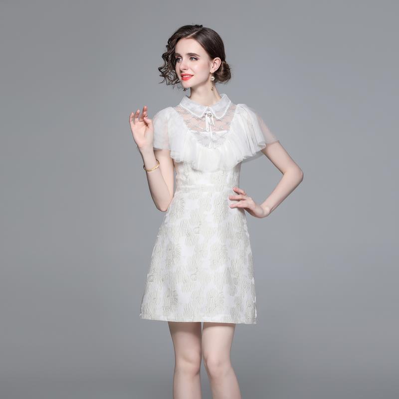 ミニドレス 丸襟チュールレース袖付きジャガード刺繍ミニドレス