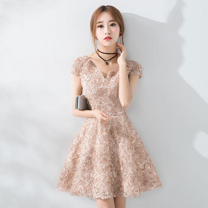 ミニドレス 花柄刺繍レース半袖ミニドレス