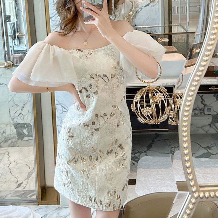 ミニドレス 花柄刺繍シフォン袖付きオフショルダーミニドレス