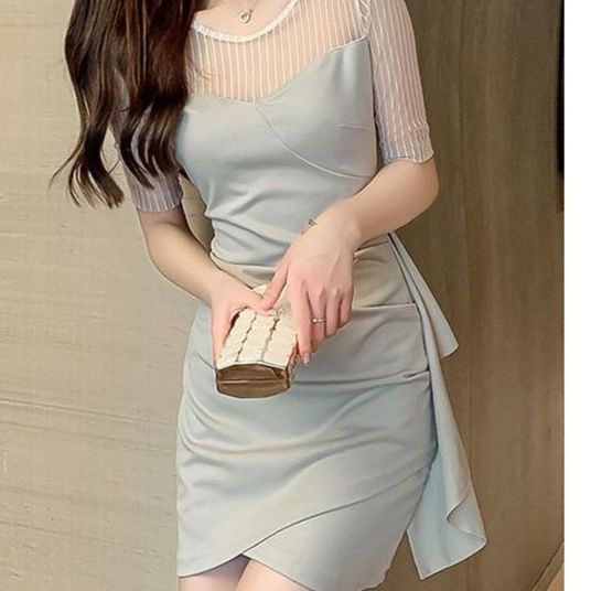 ミニドレス シアースリーブ切替タイトミニドレス