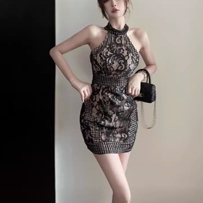 ミニドレス 総レースホルターネックタイトミニドレス