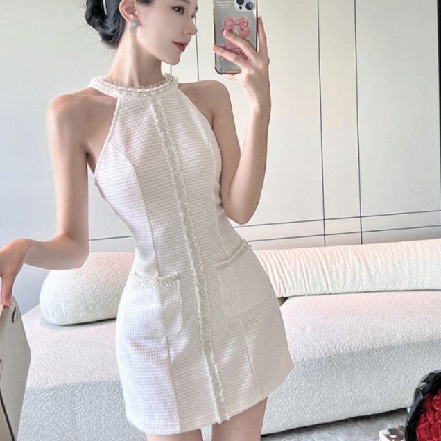 ミニドレス ホルターネックツイード調タイトミニドレス