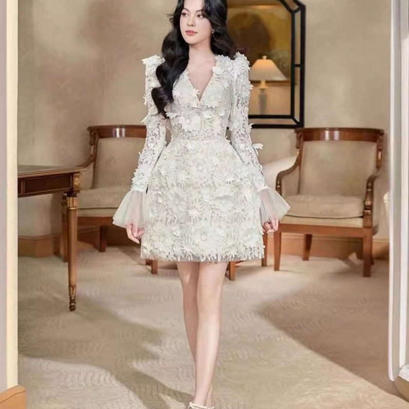 ミニドレス 立体花刺繍シアースリーブ深襟ミニドレス