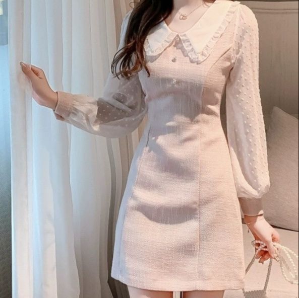 ミニドレス 襟付きシアースリーブツイードミニドレス