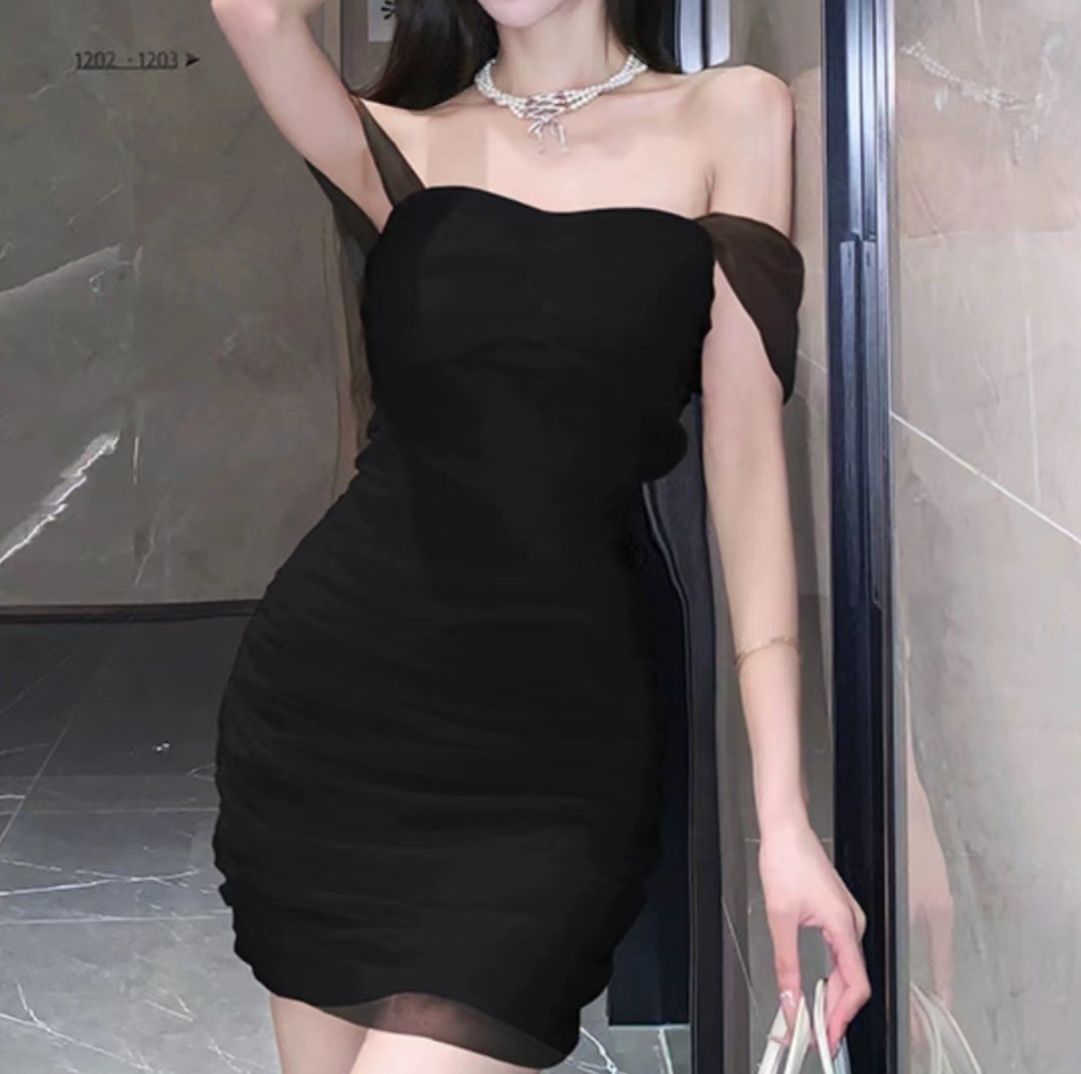 ミニドレス シアーチュール袖付きギャザードレープミニドレス