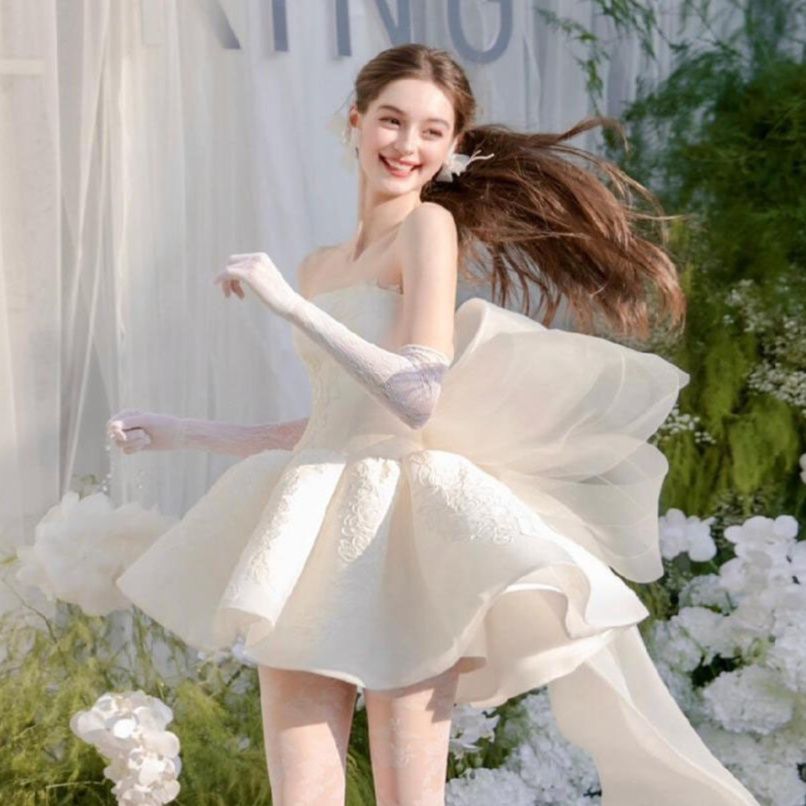 ミニドレス 立体フリル姫様ベアトップミニウエディングドレス