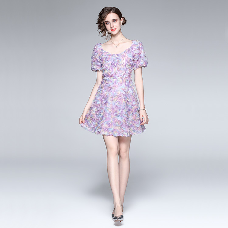 ミニドレス 立体花モチーフ刺繍パフスリーブミニドレス