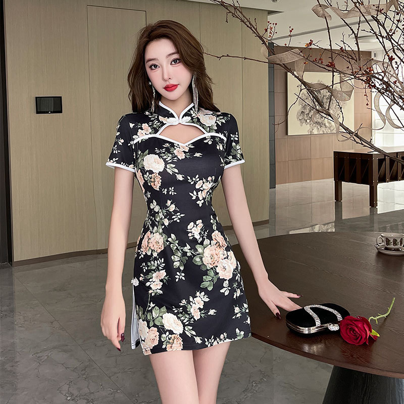 ミニドレス 花柄胸元開きチャイナ風ミニドレス