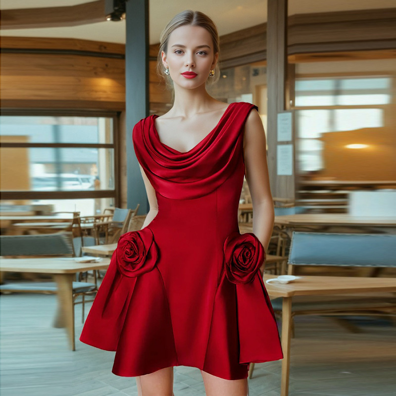 ミニドレス 薔薇モチーフ付きドレープネックミニドレス