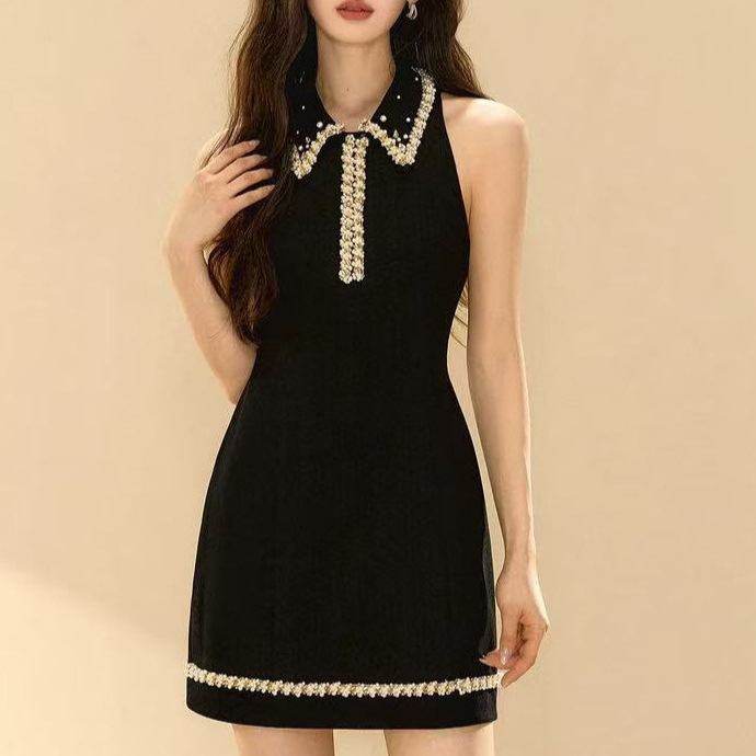 ミニドレス パール襟リボン付きノースリーブミニドレス