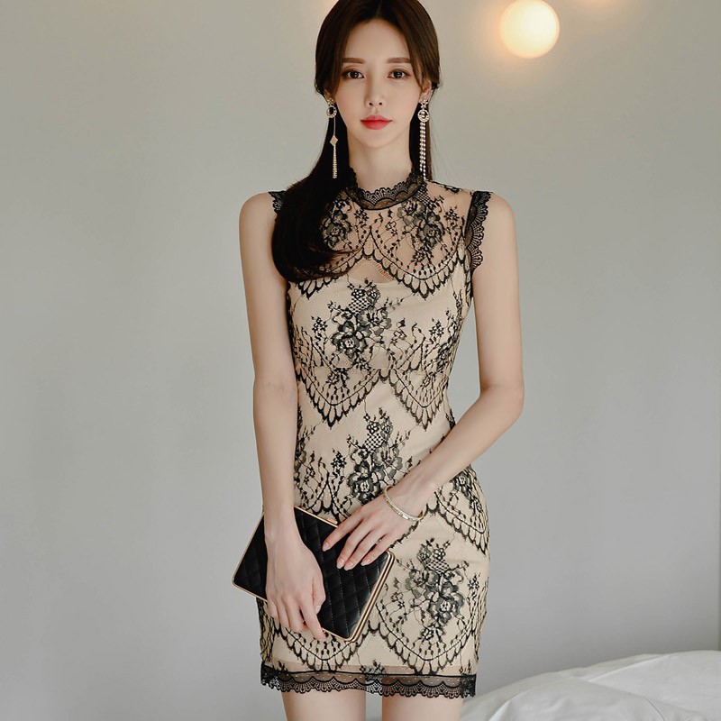 ミニドレス 総レース模様ハイネックノースリーブミニドレス