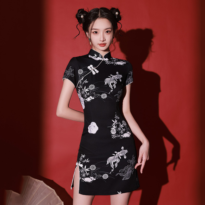 ミニドレス 金魚刺繍チャイナ風ミニドレス半袖スリット入り