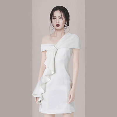ミニドレス アシンメトリーフリルワンショルダーミニドレス