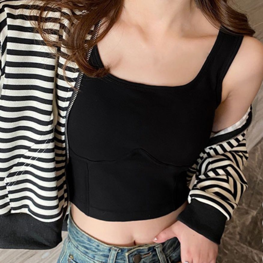 ナイトブラ カップ付きスポブラ ショートタンクトップ 幅広ストラップ