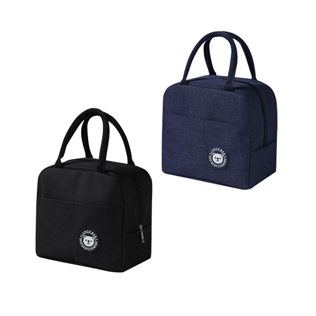 くま柄保冷保温ランチバッグ ブラック ネイビー ポケット付