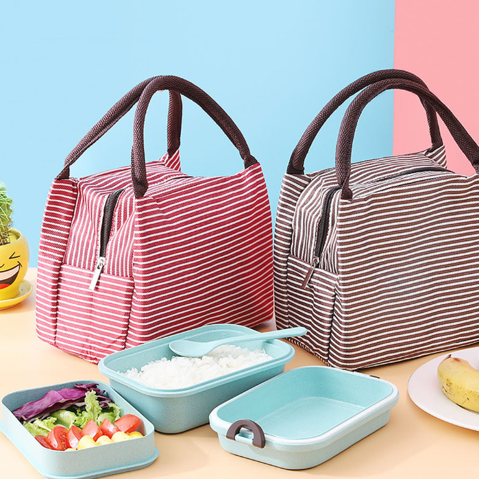 保温保冷ランチバッグ巾着トート縞模様マチ広