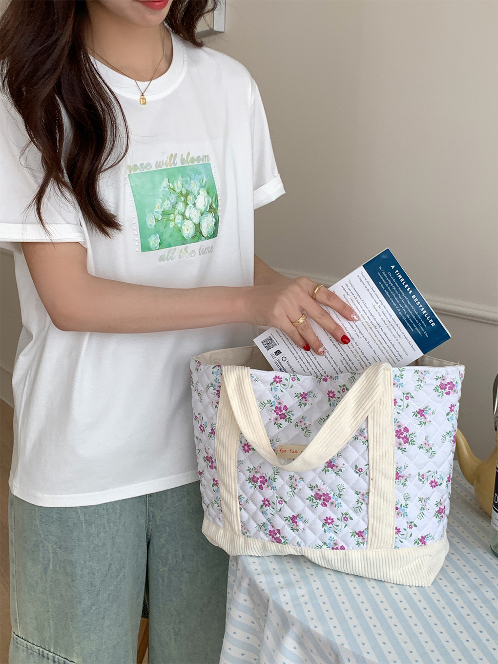 花柄キルティング手提げランチバッグ