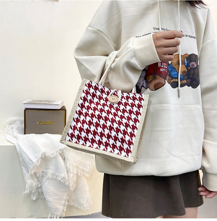 千鳥格子柄 小さめランチバッグ 軽量ハンドバッグ