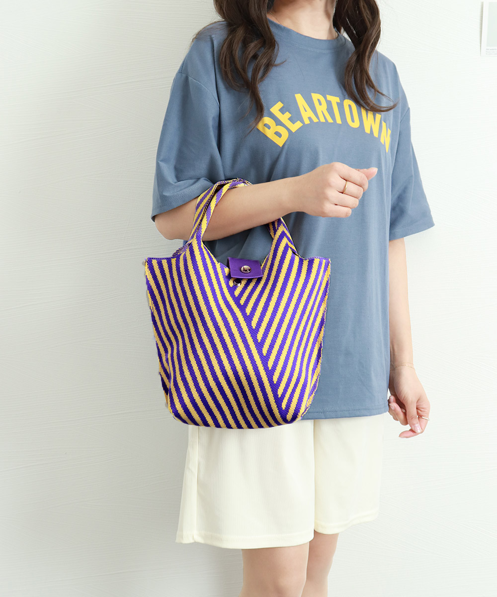 縞模様編みバッグ 折り畳み式小型ランチバッグ