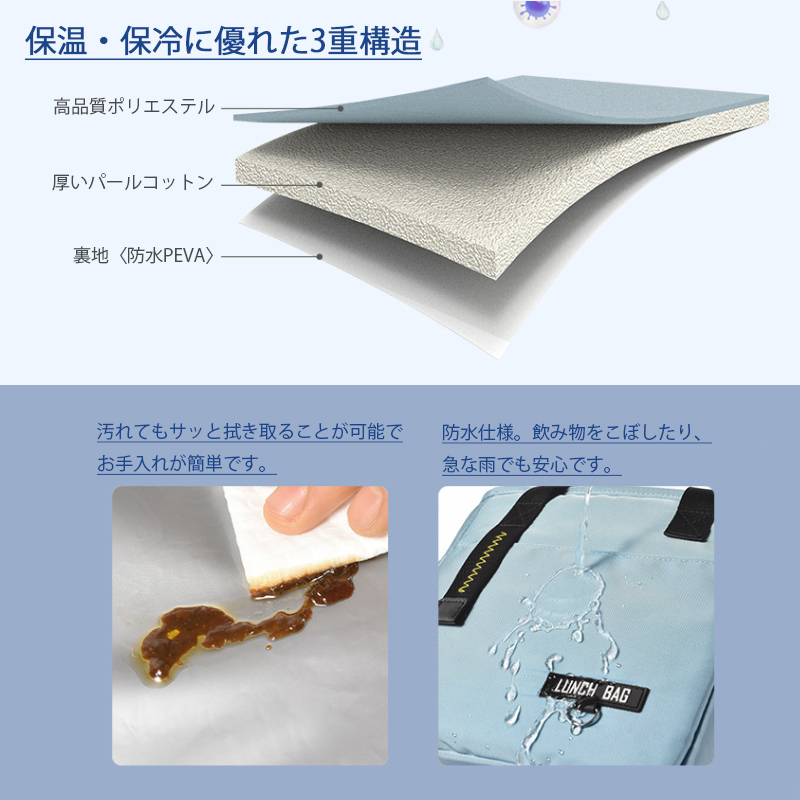 保冷保温ランチバッグ 撥水加工 大容量スクエア型