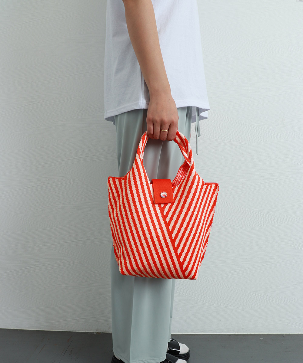 縞模様編みバッグ 折り畳み式小型ランチバッグ