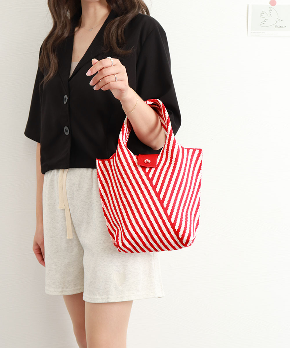 縞模様編みバッグ 折り畳み式小型ランチバッグ