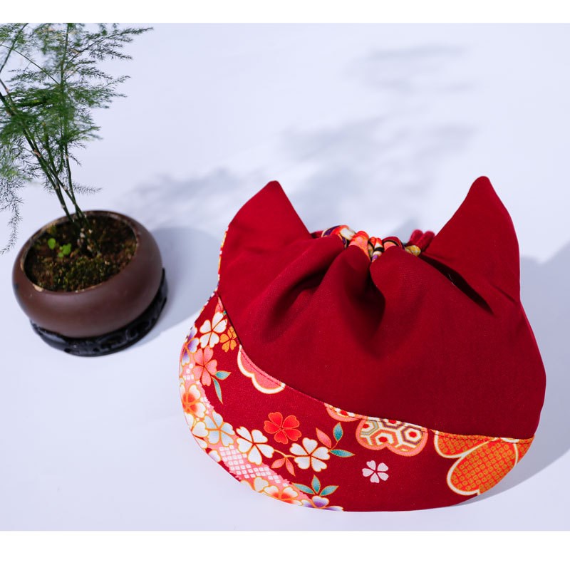 ランチバッグ 和風花柄ねこ耳巾着ランチバッグ