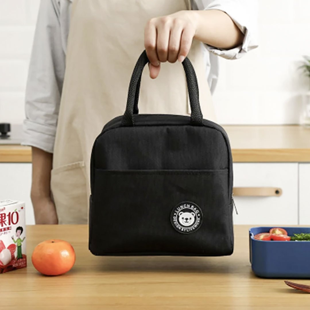 くま柄保冷保温ランチバッグ ブラック ネイビー ポケット付