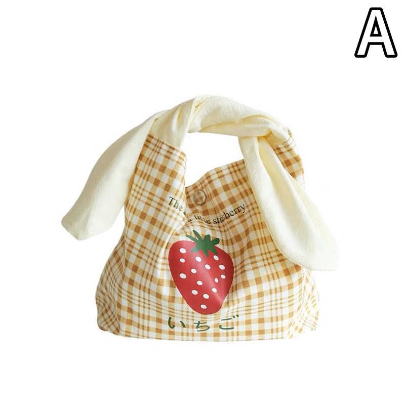 いちご柄チェック布製手提げランチバッグ