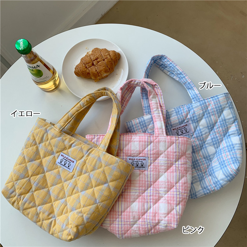 チェック柄ミニトートバッグ軽量ランチバッグ