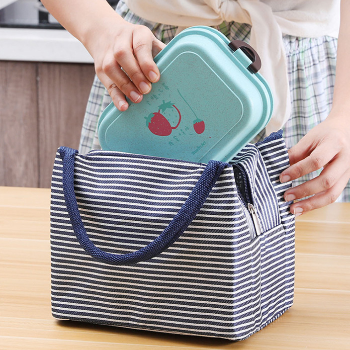 保温保冷ランチバッグ巾着トート縞模様マチ広