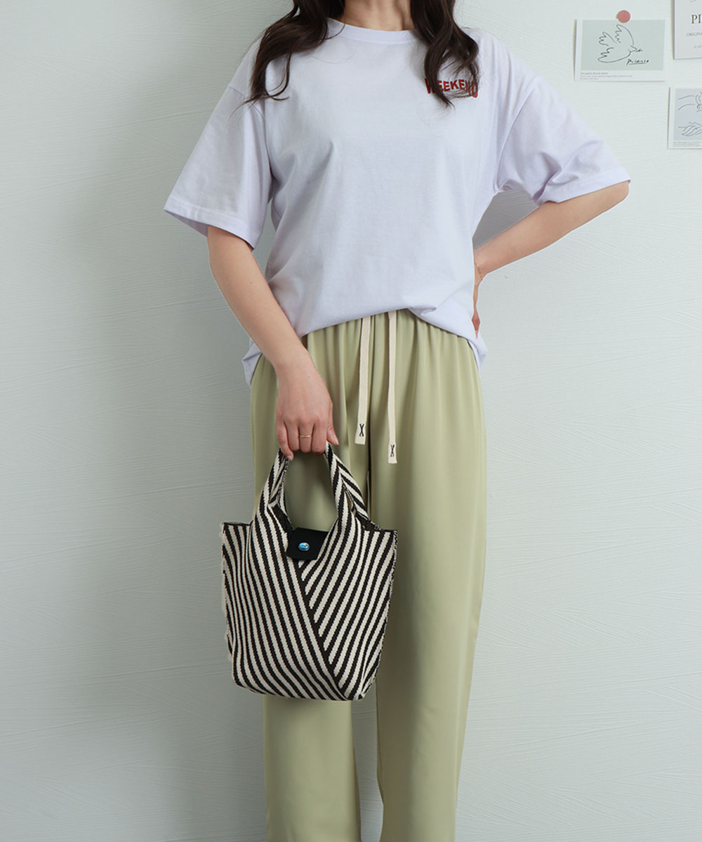 縞模様編みバッグ 折り畳み式小型ランチバッグ