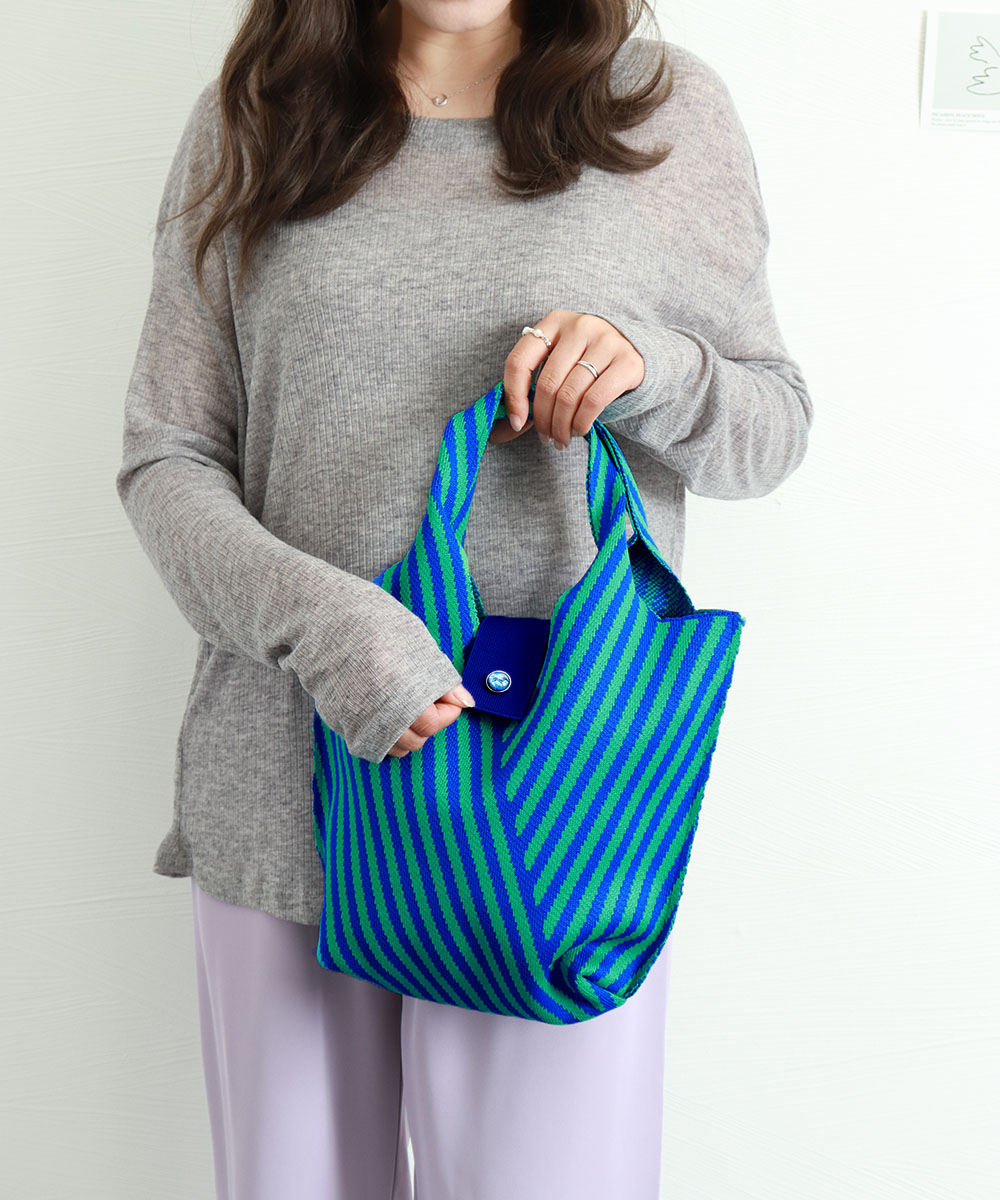 縞模様編みバッグ 折り畳み式小型ランチバッグ