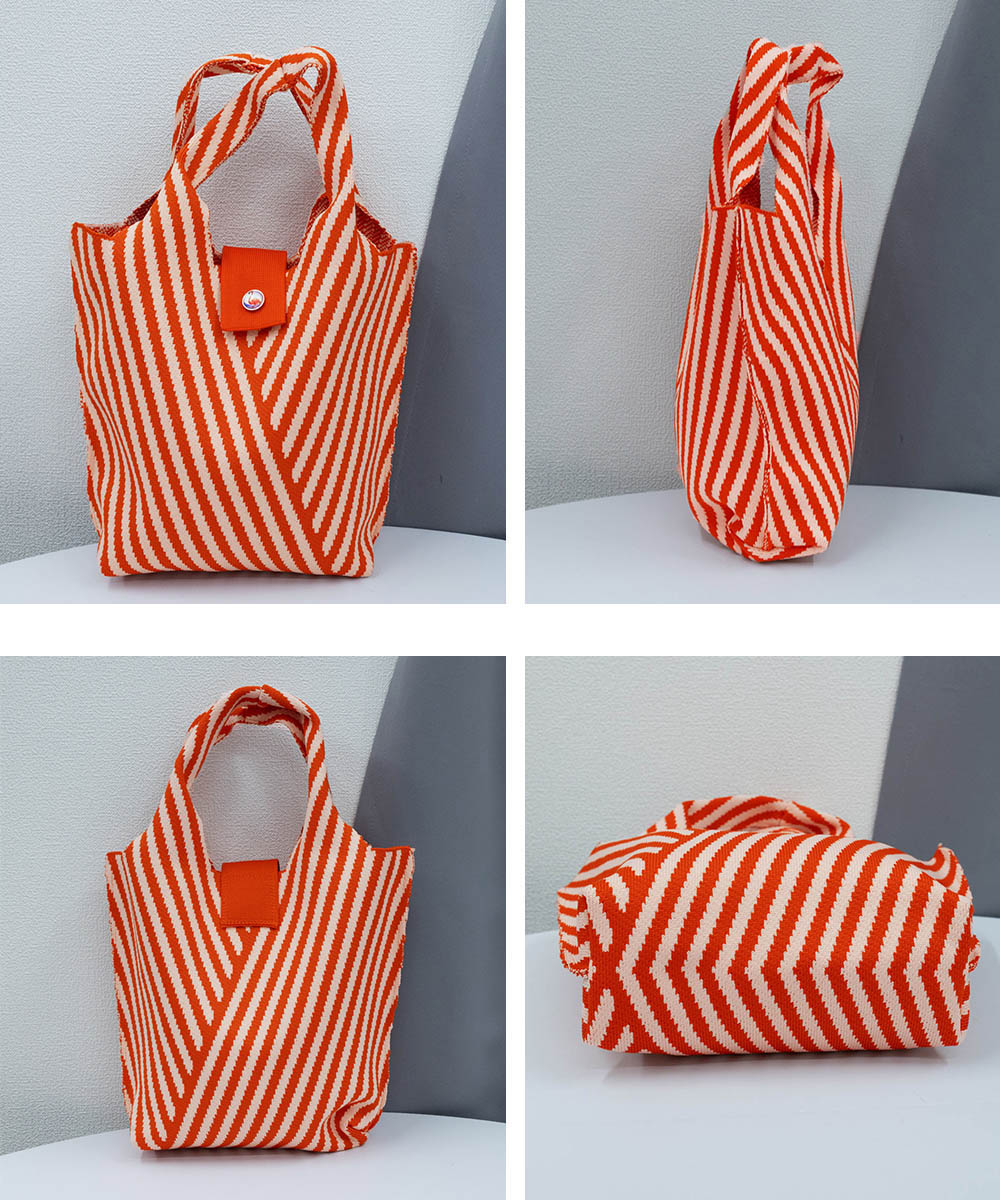 縞模様編みバッグ 折り畳み式小型ランチバッグ