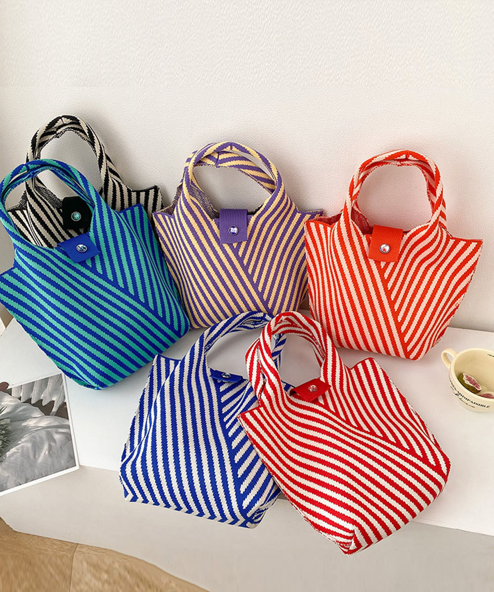 縞模様編みバッグ 折り畳み式小型ランチバッグ