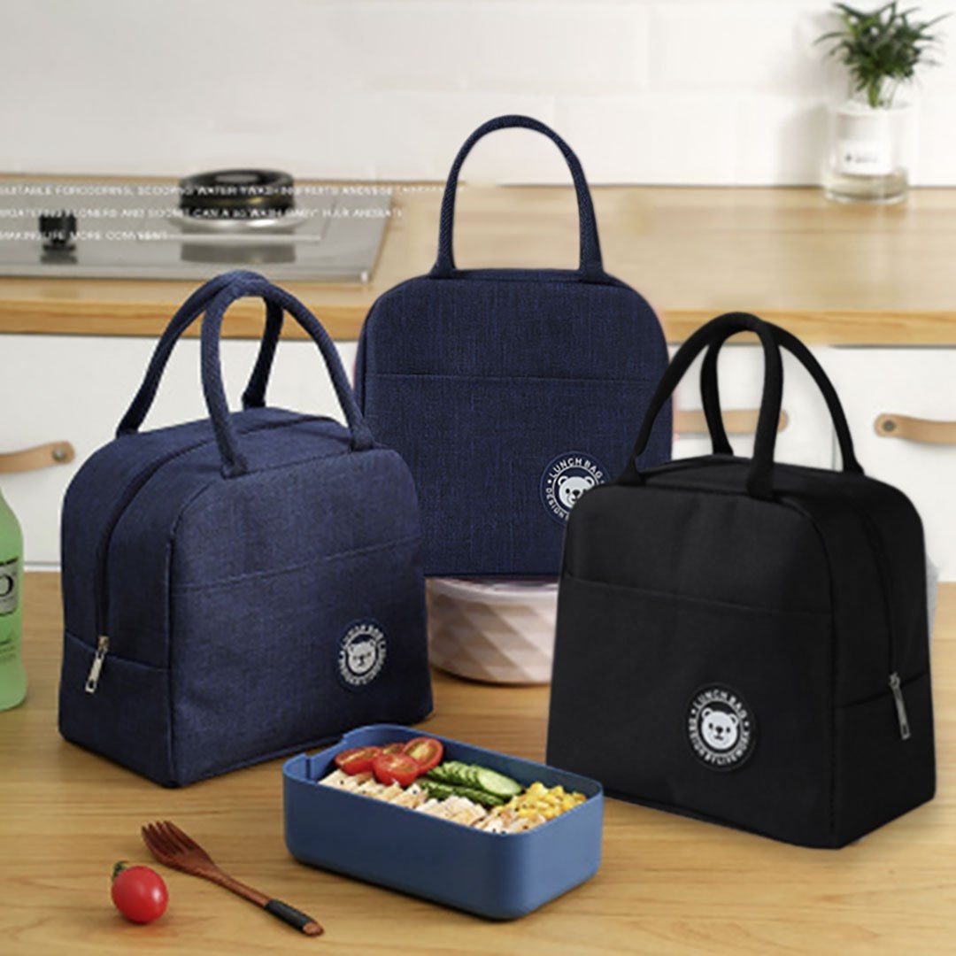 くま柄保冷保温ランチバッグ ブラック ネイビー ポケット付