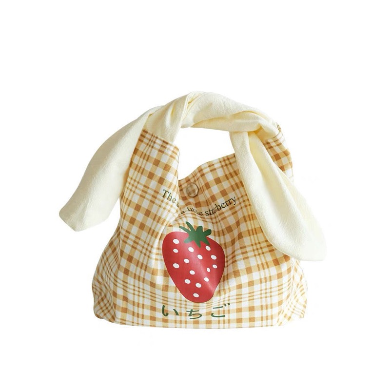 いちご柄チェック布製手提げランチバッグ