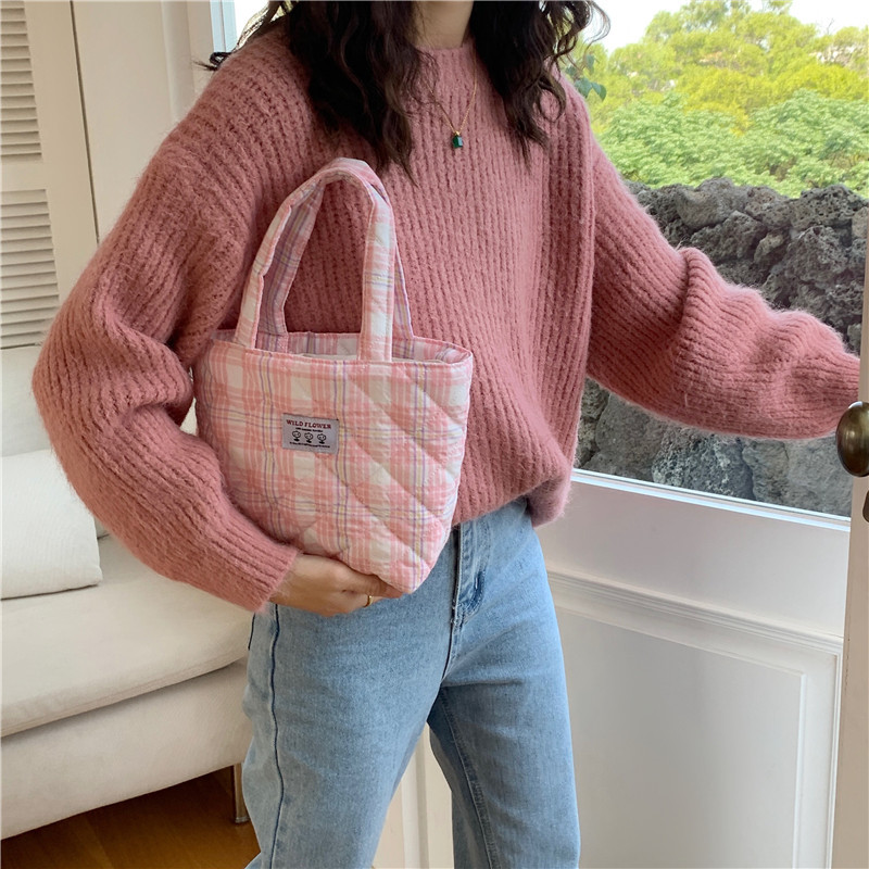 チェック柄ミニトートバッグ軽量ランチバッグ