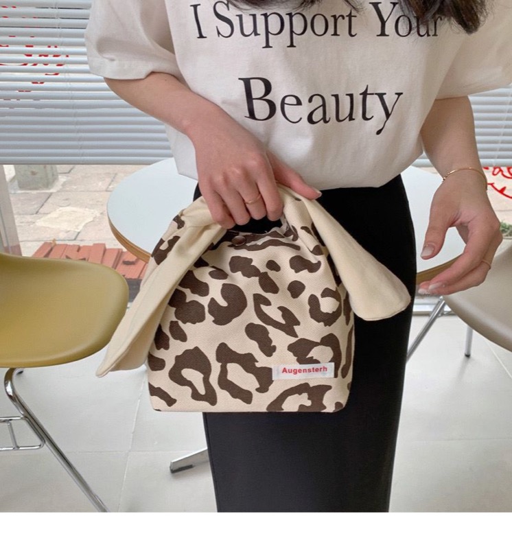 豹柄プリント布製ランチバッグ 手提げトートタイプ