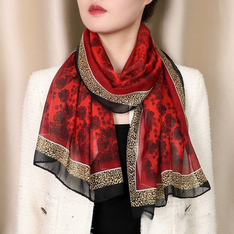 スカーフ 豹柄縁取り花柄シルク風ロングスカーフ