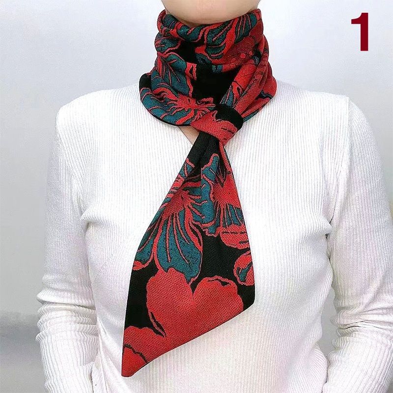 スカーフ 華やかな花柄プリント絹製首元スカーフ
