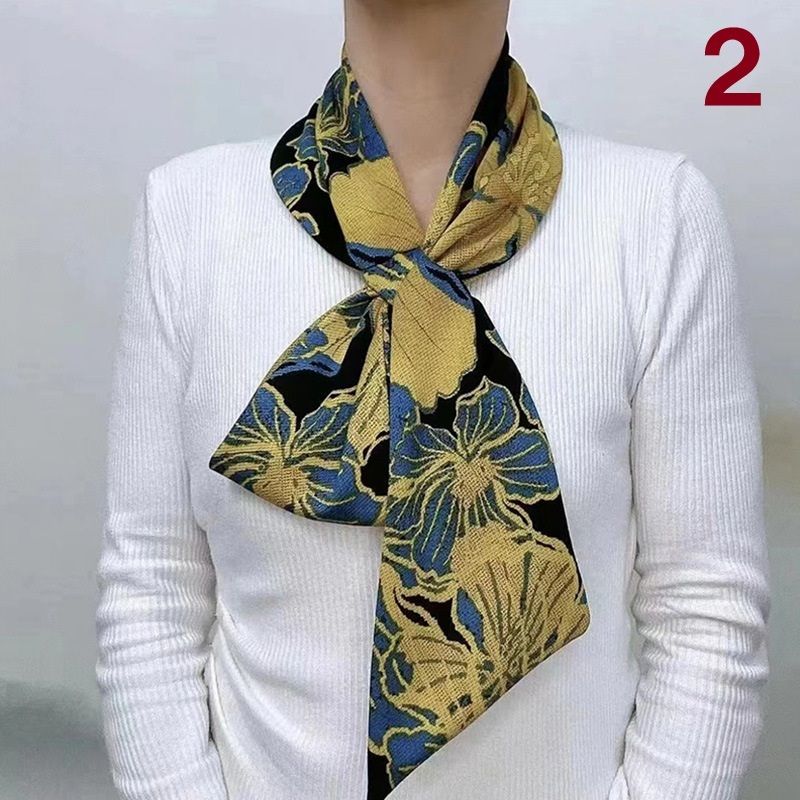 スカーフ 華やかな花柄プリント絹製首元スカーフ