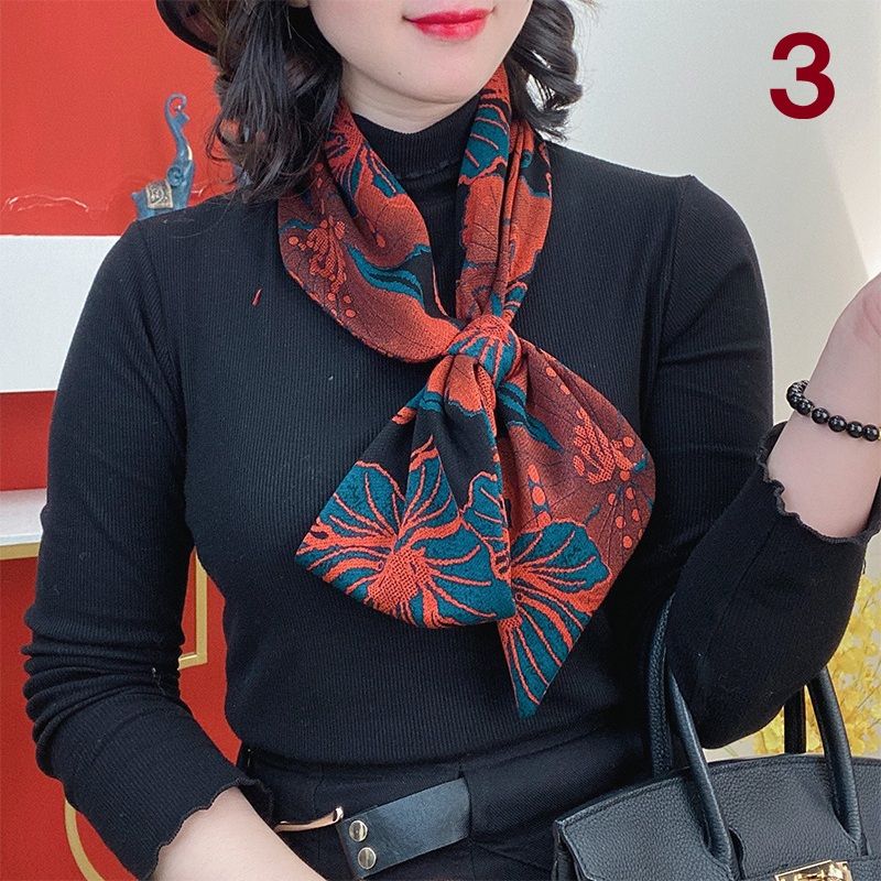 スカーフ 華やかな花柄プリント絹製首元スカーフ