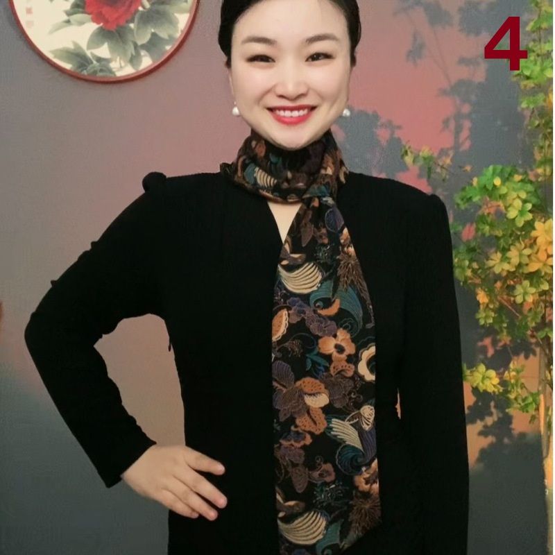 スカーフ 華やかな花柄プリント絹製首元スカーフ