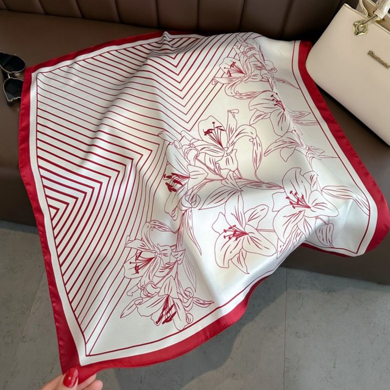 スカーフ 百合柄幾何学模様縁取りシルク調スカーフ