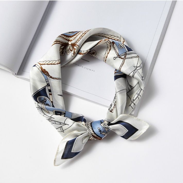 海洋航海モチーフ縁取りシルク　スカーフ