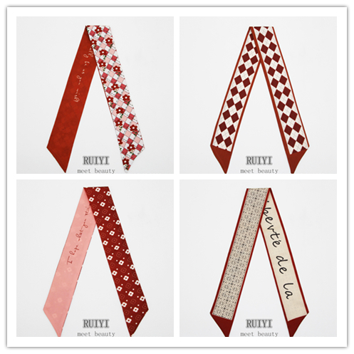 スカーフ 花柄チェック細スカーフ 長方形ツイリー